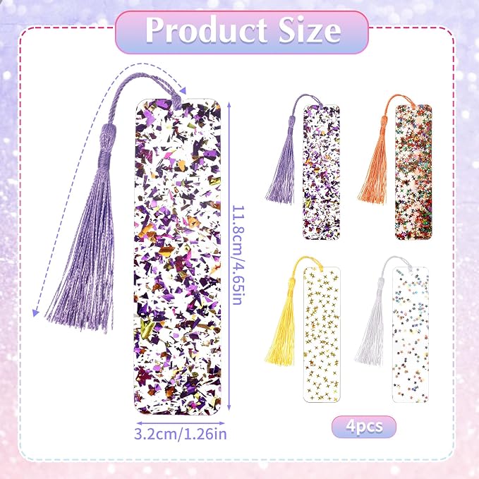 4 PCS Glitter Acrylic Bookmarks with Star, Tassel Bookmarks for Kids, Colorful Star Art Bookmark with Tassel for Girls Women Reading Presents