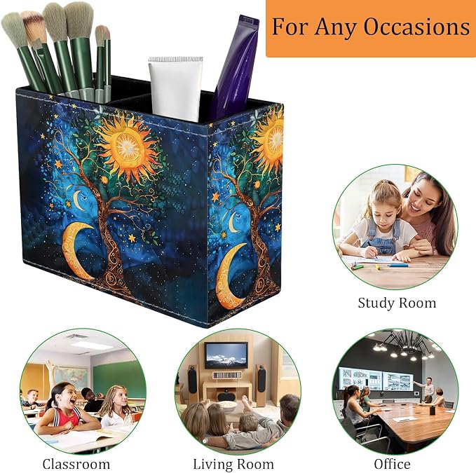 Pen Holder for Desk, PU Leather Multifunctional Desktop Storage Box and Anti-Slip Mouse Pad Set, Makeup Brush Holder Pen Organizer for Office and Home - Sun Moon Stars