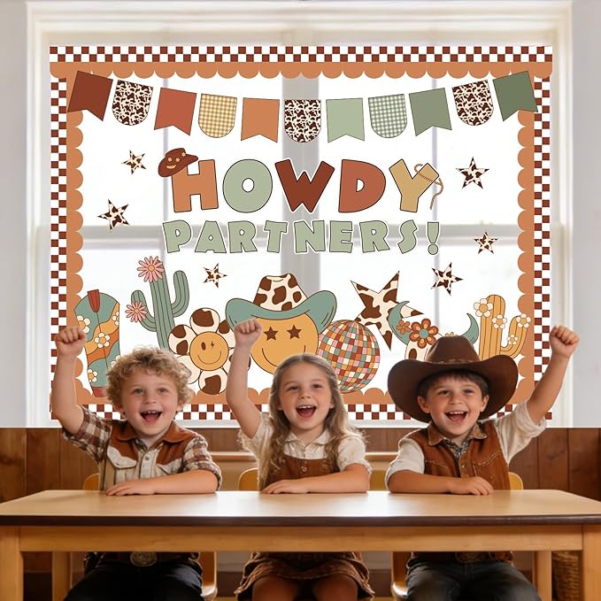 AnyDesign 76 Pcs Western Cowboy Bulletin Board Decoration Brown Wild West Howdy Partners Paper Cutouts with 150 Pcs Glue Points for Holiday Party Classroom Wall Decor