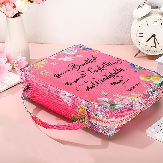 Yaomiao Bible Cover Case for Women Girls Large Bible Bag with Flowers Printing Carrying Case with Handle, 8 Pens, 90 Tabs Cover Bag Portable with Bookmarks for Study Christian Gift(Delicate Style)