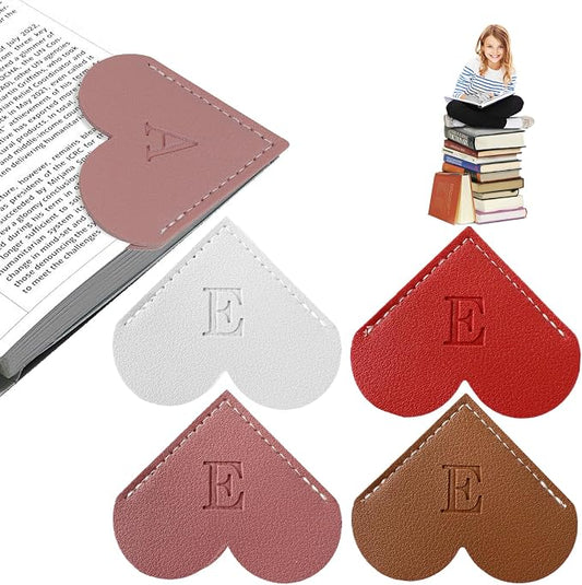 4Pcs Personalized Leather Heart Bookmark with Initial, 26 Letters Custom Corner Page Book Mark for Reading Women, Book Lovers, Teachers, Students, Book Accessories(White+Red+Dark Pink+Dark Brown, E)