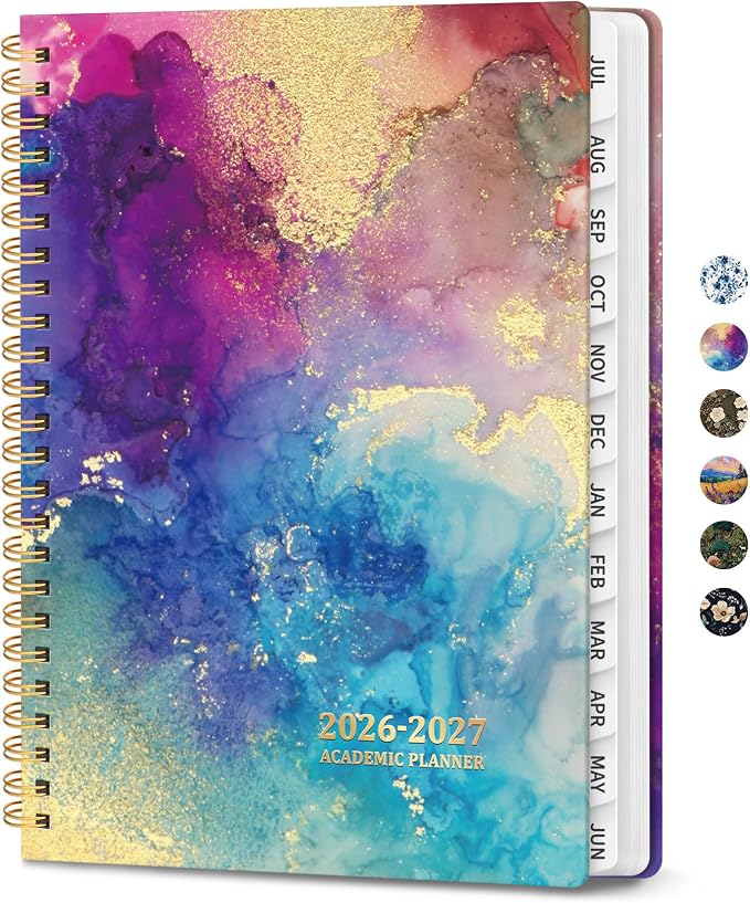 Planner 2026–2027, Academic Planner Weekly and Monthly Calendar Jul 2026 – Jun 2027 Hardcover Planner with Tabs and Pocket, Spiral Bound Agenda Book for Student & Teacher, 8.5" x 11", Color Splash