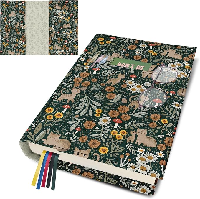 Cute Cat Book Cover for Paperbacks,Adjustable Washable Soft Canvas Fabric Book Cover with Pocket Bookmark,Double Side Floral Print Book Protector Covers for Hardcover Book Lover Gift Women