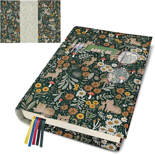 Cute Cat Book Cover for Paperbacks,Adjustable Washable Soft Canvas Fabric Book Cover with Pocket Bookmark,Double Side Floral Print Book Protector Covers for Hardcover Book Lover Gift Women