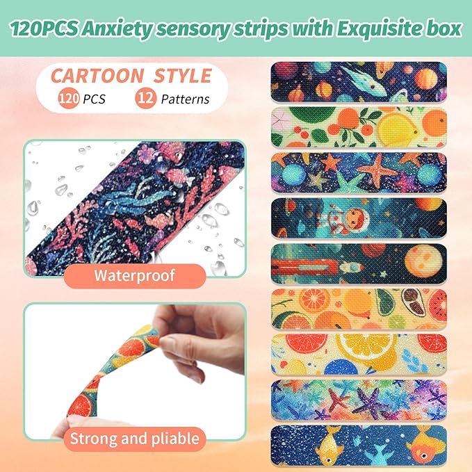 120 Pieces Anxiety Sensory Stickers with 2 Textured Stickers - Desk Fidget and Calming Stickers with Storage Box for Adults & Teens - Anxiety Relief Sensory Strips (Cartoon)