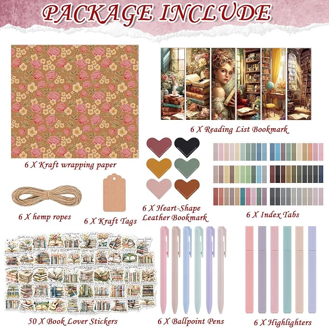 Blind Date with a Book Gift Box 6 Set Flower Blind Book Date Gifts Supplies Includes Kraft Paper Tags Floral Bookmark Pens Stickers Book Lover Club Gift for Women Bookish Family Reader