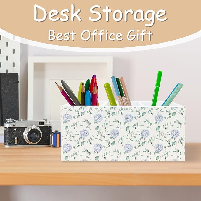 Grandmillennial Blue Hydrangea Pen Pencil Holder Organizer for Desk, Blue and White Chinoiserie Floral Botanical Wooden Box Block Sign for Home Office Tabletop Decor