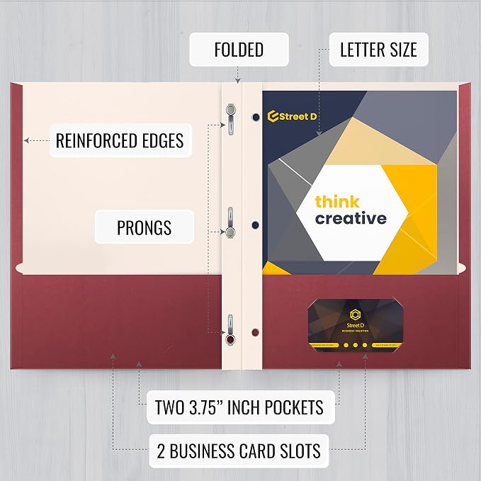 Better Office Products Burgundy Paper 2 Pocket Folders with Prongs, 50 Pack, Matte Texture, Letter Size Paper Folders, 50 Pack, with 3 Metal Prong Fastener Clips, Burgundy Red