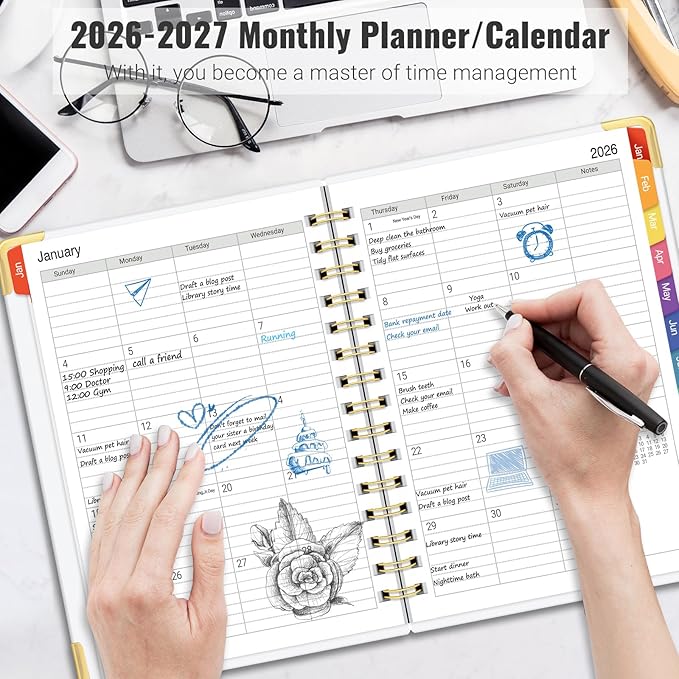 Daily Planner 2026-2027, 18 Month Planner with Tabs, January 2026 - June 2027 Weekly and Monthly Academic Year Calendar Spiral Time Management, 100GSM Thick Paper, Twin-Wire Binding, A5 Size, Black and white stripes