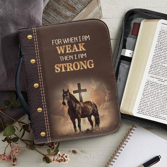 Leather Bible Cover Case for Men with Leather Bookmark (Set of 1),Brown Bible Covers,Cross of Horses and Scripture,Small