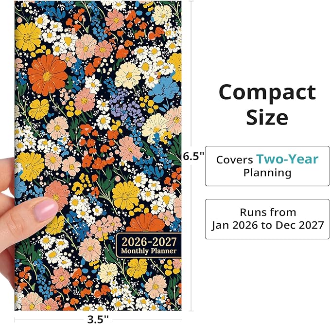 Pocket Calendar 2026-2027 for Purse, Two Year Monthly Planner Pocket Size, Jan 2026 to Dec 2027 Monthly Planner Small Size (6.5" x 3.5") - Colorful Blossoms