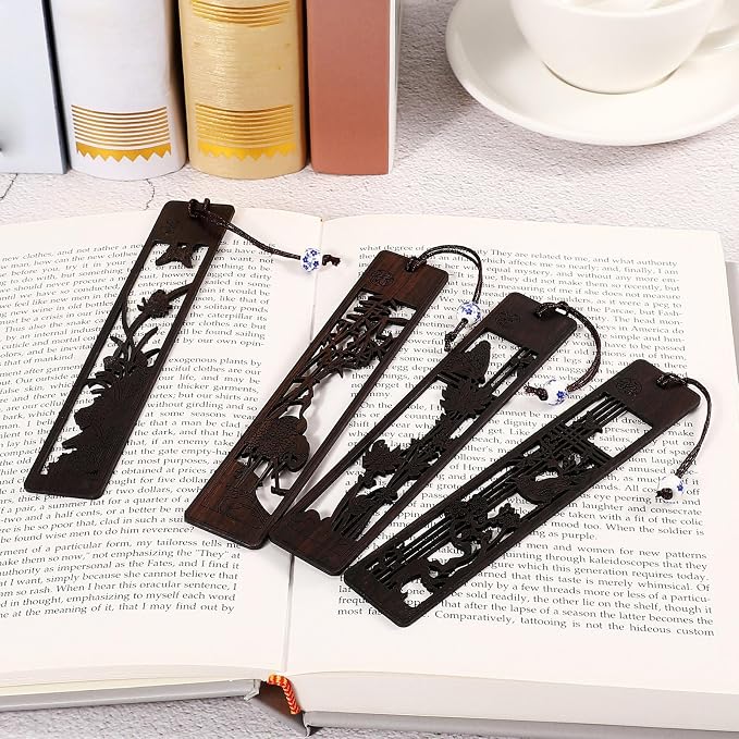 Outus 4 Pieces Wooden Bookmarks for Men Women Employee Father's Day Appreciation Gifts for Men Back to School Gifts Vintage Handmade Natural Carving for Book Lovers Birthday(Hollow Style)