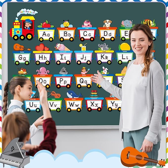 Train Alphabet Number for Classroom Wall Train Shaped Bulletin Board Manuscript Educational Cards ABC Letters Numbers Shapes Colors Poster for Preschool Elementary Early Learning Decor