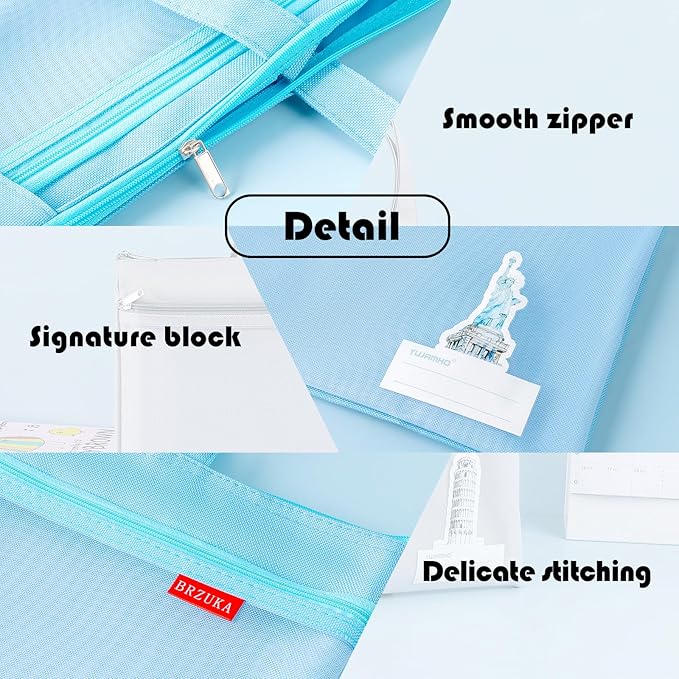Mesh Zipper Pouch 11x13.7 in, A4 Double Pocket Waterproof File Bag with Handle, Document Storage for School/Travel/Office/Puzzle (Blue, 2pcs)