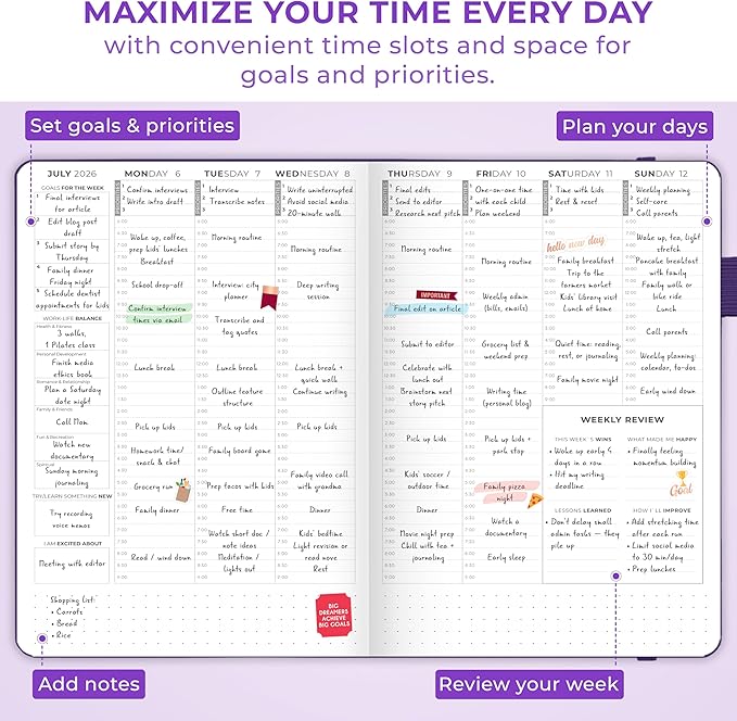 Clever Fox Dated Hourly Weekly Planner 2026 – Daily, Monthly & Yearly Agenda Organizer with Time Slots – Hardcover Journal, A5 Size (Purple)