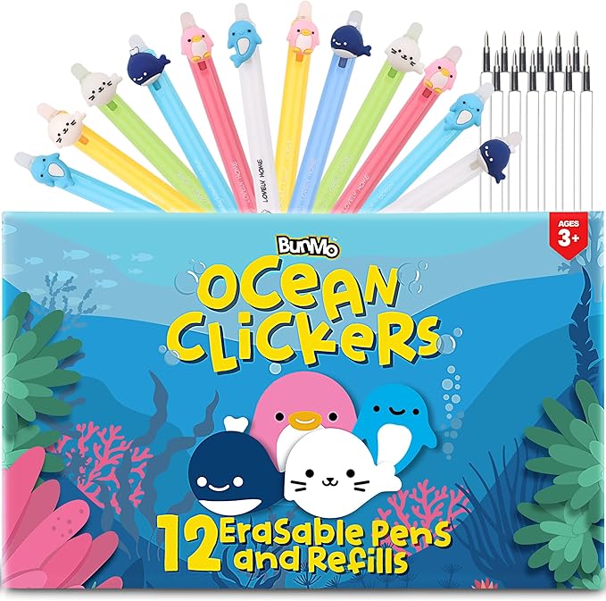 BUNMO 12 Cute Erasable Gel Pens with 12 Black Ink Refills - Multicolor Animal Pens for Kids - Make Mistakes Disappears, Fine Point for School and Journaling