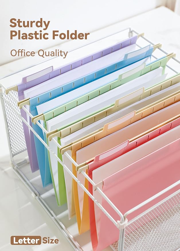 SortRax Plastic Hanging File Folders, Sturdy & Tear-Resistant, Letter Size, 12 Pack with Insertable 1/5-Cut Tabs, Pastel Colors