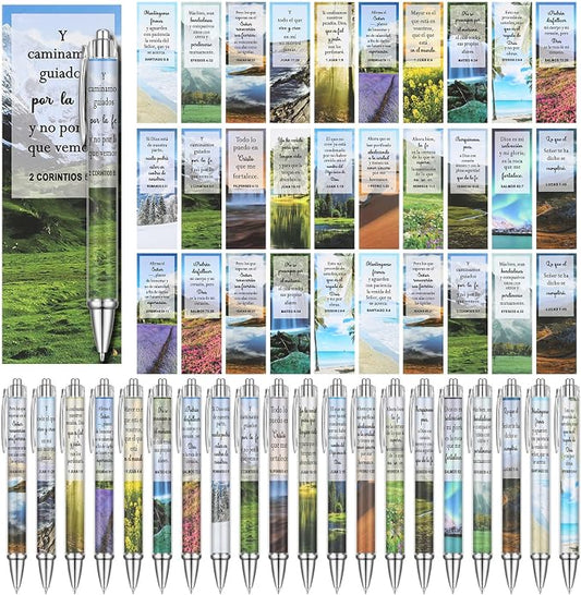 40 Set Spanish Christian Gift Bulk Bible Verse Ballpoint Pen Religious Scripture Bookmark Regalos Cristianos En Español Regalos Cristiano para Mujer Inspirational Biblical Gift for Men Women(Scenery)
