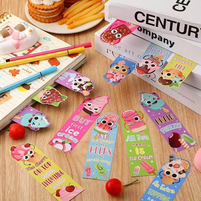 Fainne 60 Pieces Ice Cream Scented Bookmarks Kids Bulk Scratch and Sniff Classroom Valentines Back to School Bookmarks Gift Stuff for Students Christmas End of Year Graduation Birthday Favor