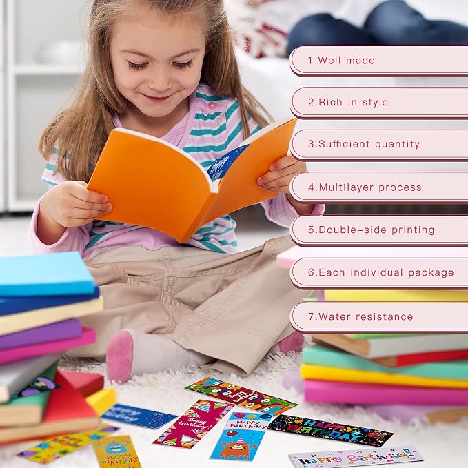 Tenare 100 Pieces Happy Birthday Bookmarks Laminated Imaginative Colors and Patterns for Students Classroom Stationery Supplies