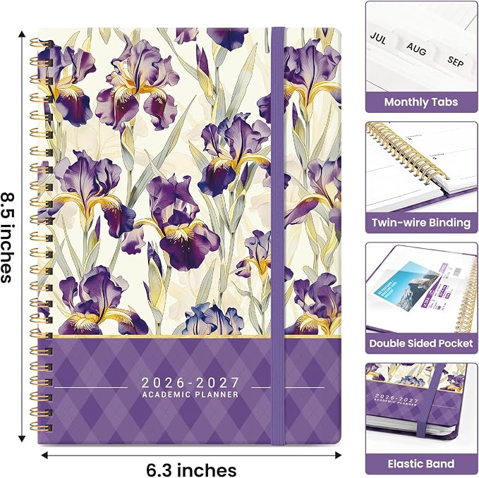Planner 2026–2027, Academic Year Monthly & Weekly Calendar Book, Jul 2026–Jun 2027, Hardcover Organizer with Tabs, Student & Teacher Planner, 6.3" x 8.5", Purple Iris