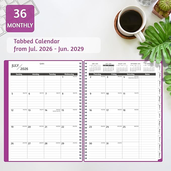 Monthly Planner 2026-2029, 36 Months Calendar Planner 2026-2029 from Jul 2026 – Jun 2029, 8.5'' x 11'' with Ruled Spread, Flexible Cover, Spiral Wirebound, Pocket, Coated Tabs, Notes ＆ Habit Tracker