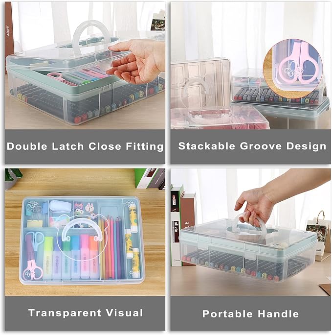 BTSKY 2-Tier Cute Bear Storage Box with Removable Divided Tray Portable Clear Plastic Art Craft Supply Organizer Stackable Home Office Supplies Storage Container for Pens Notes A4 papers etc (Blue)