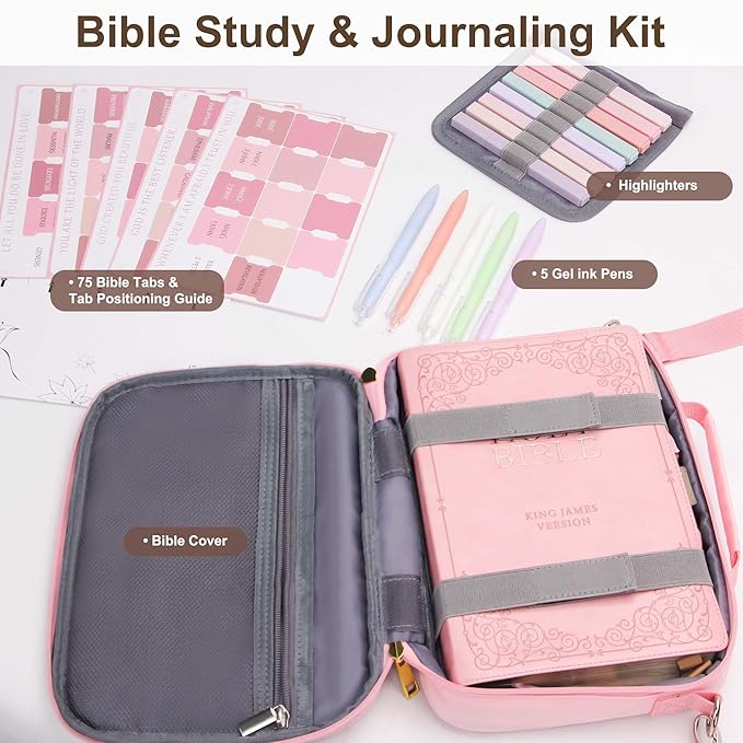 Bible Cover for Women, Bible Holder, Bible Cover Carrier Carrying Organizer Bag, Bible Study Supplies Accessories, Zipper and Pockets for Standard Size Bible, Gift for Women（pinkxiu）