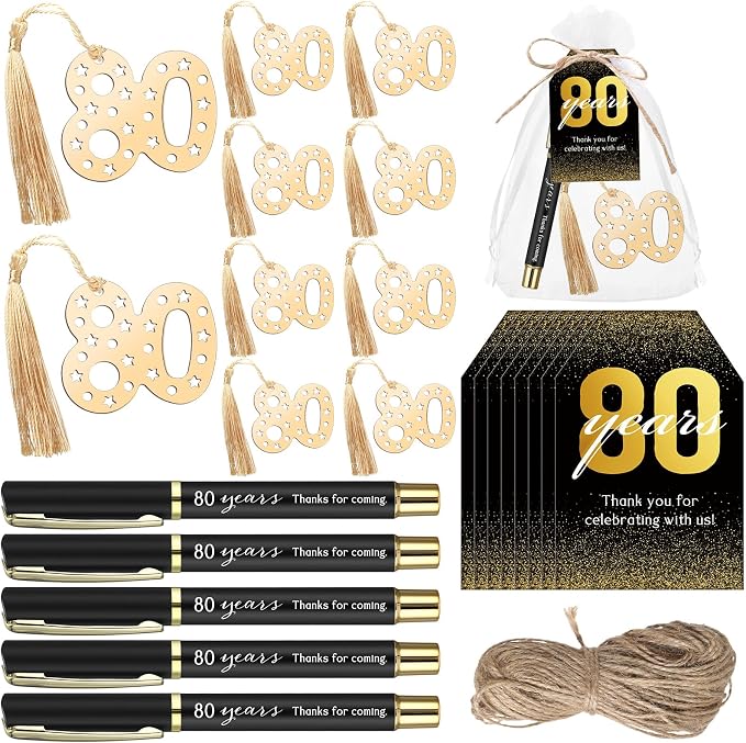 Spakon 25 Set 80th Birthday Party Favor for Guest Anniversary Party Favor Golden Birthday Bookmark Thanks Coming Pen with Tag Appreciation Gifts for Women Men Wedding Anniversary