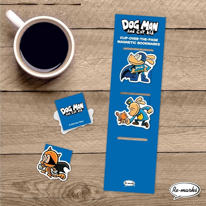 Re-marks “Dog Man and Cat Kid” Collection - 1 Set of 3 Magnetic Page Clips and 1 Set of 5 Multi-Pack Bookmarks