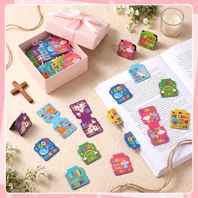 Resurhang 100 Pcs Bible Verses Magnetic Book Marks for Kids Motivational Magnet Religious Bookmark in 10 Designs 1.38 Inches Back to School Gifts for Teachers Students and Books Lover Gifts