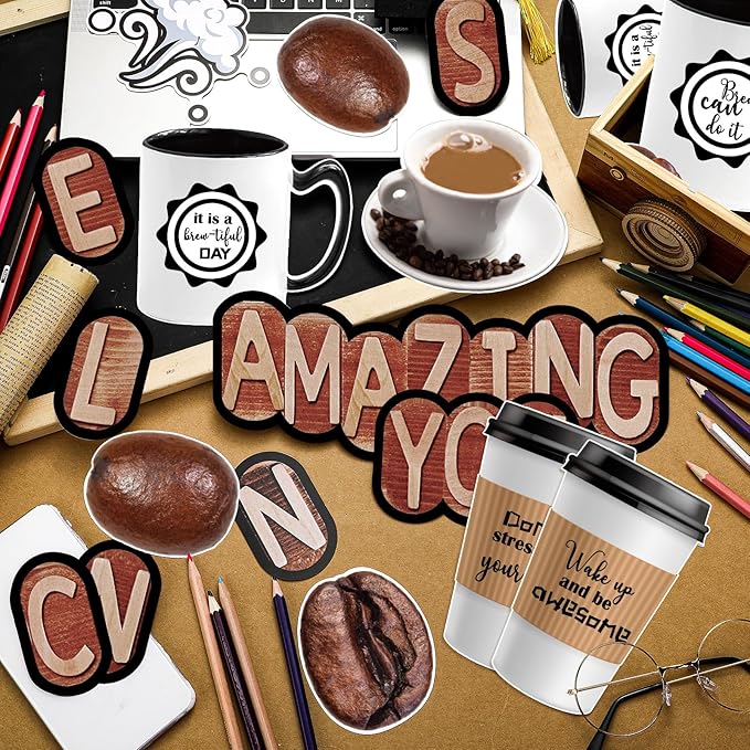 Teling 89 Pcs Industrial Cafe Bulletin Board Set Coffeehouse Themed Bulletin Board Industrial Cafe Classroom Decor Bulletin Board Themed Sets Coffee Classroom Decor for Classroom Home (Novel Style)