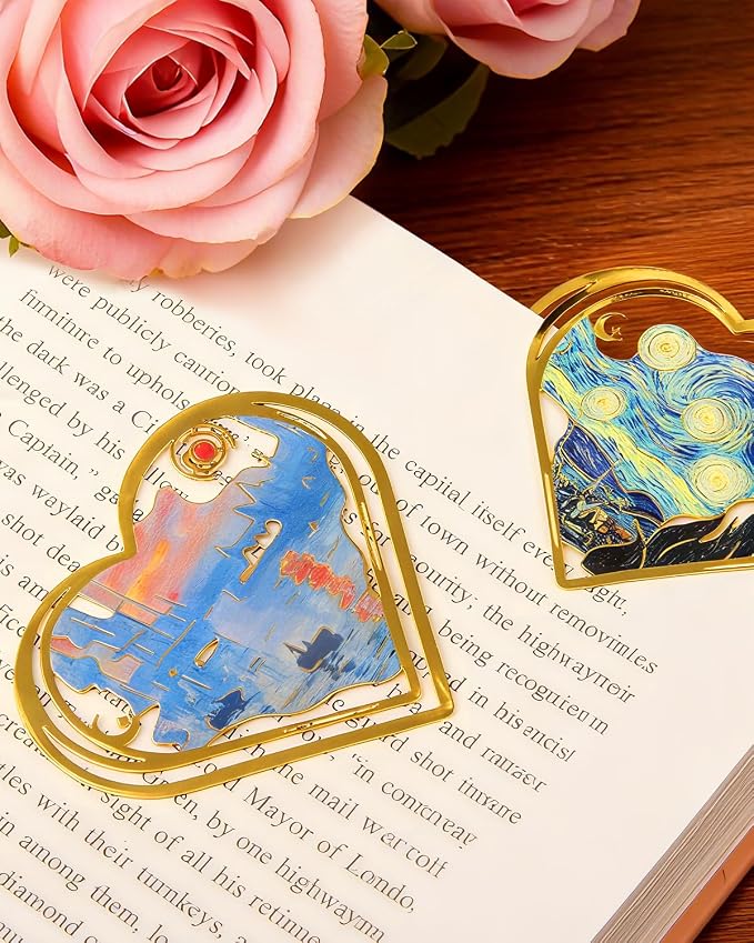 6pcs Metal Clip Heart Bookmarks for Reading Women,Van Gogh Monet Oil Painting Theme Cute Butterfly Hollow Corner Page Book Marks for Women,Teachers,Students,Reading Accessories for Book Lovers