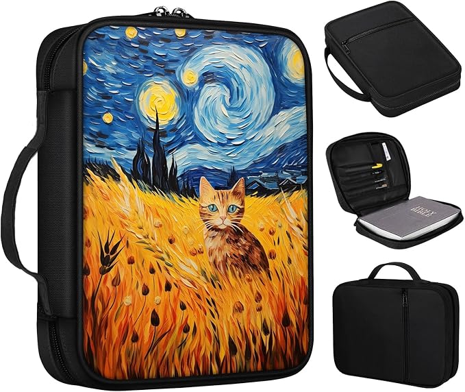 Bible Cover, Stars and Cat In The Rye Bible Case with Handle and Zippered Pocket Standard Size Holy Bible Bag Women Gifts, Church Bag Portable Bible Carrying Book Case for Bible Study