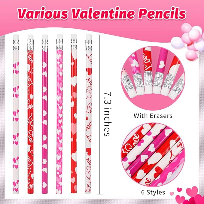 HINZER 50Pcs Valentines Day Pencils for Kids Party Favors Valentines Wood Pencils Bulk with Erasers for Goodie Bags Fillers Valentine's Day Exchange Gifts Giveaways Classroom Rewards School Supplies