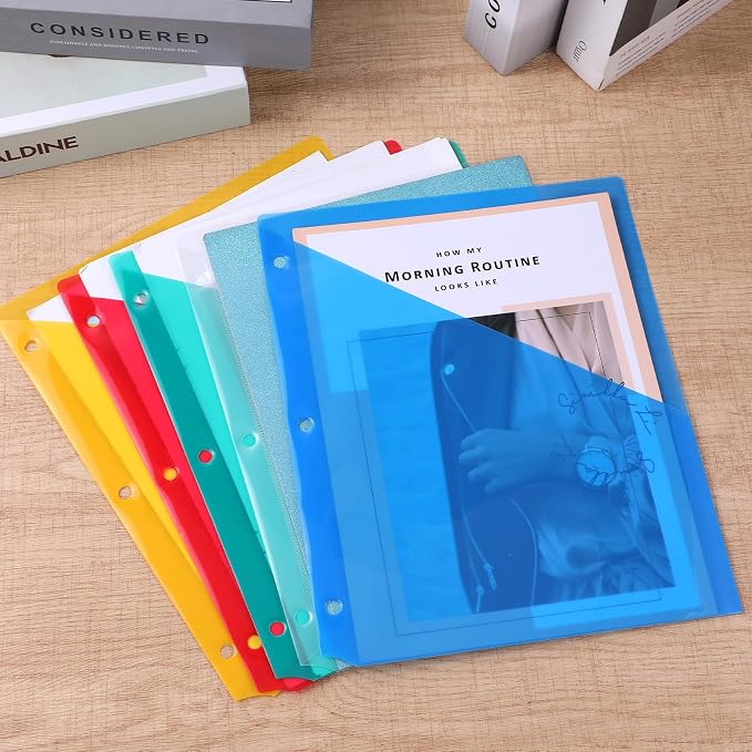 50 Pack Binder Pockets 3 Hole Punch Clear Plastic Document Folders Binder Organizer Store Letter Size 9.25 x 11.25 Inch Paper Plastic Folders with Pockets Slash File Jacket for Office (5 Colors)