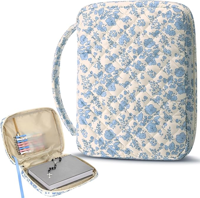 Aliceset Large Bible Cover Case for Women, Blue Floral Quilted Cotton Bible Carrying Case Organizer Bag with Handle and Zipper, for Christian Easter Gifts, Study Supplies Accessories