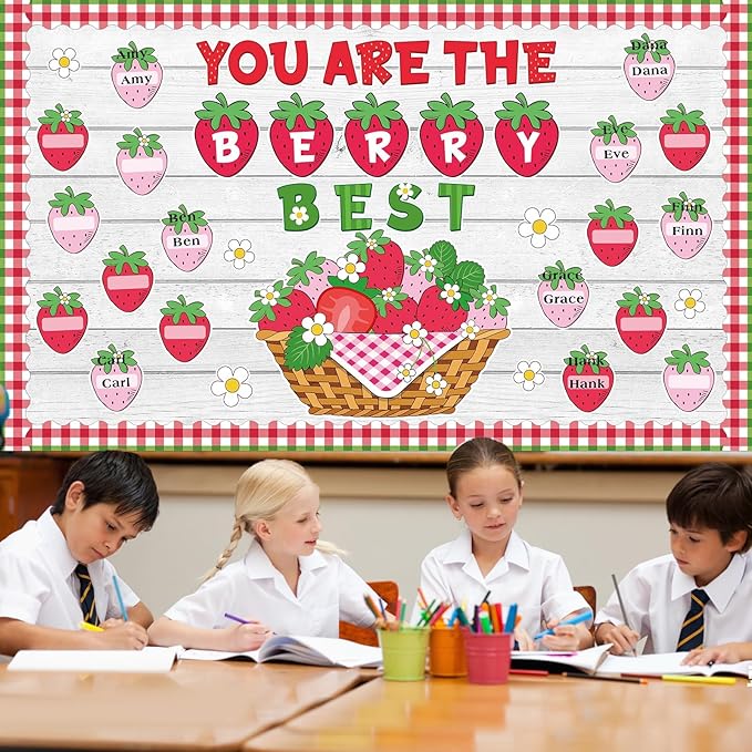 Strawberry Bulletin Board Set Back to School Classroom Decorations Summer Berry Flower Border Pink Sweet Fruit Name Tags Paper Cutouts for Teacher Strawberry School Supplies Chalkboard Wall Door Decor