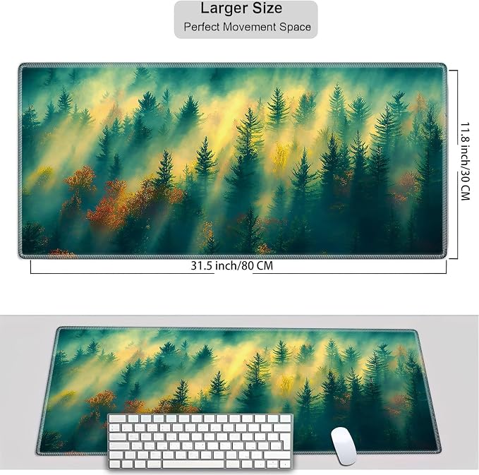 Mouse Pad Gaming Mousepad 31.5x11.8 Inch XXL Large + Coasters,Desk Mat with Stitched Edges, Non-Slip Rubber Base, Thick Mouse Pad for Computer, Laptop, Office & Home - Sunshine Deep Forest