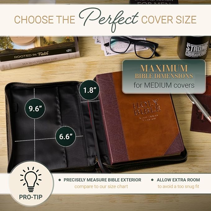 Christian Art Gifts Premium Vegan Leather Inspirational Bible Cover for Men & Women: Know the Plans Debossed Encouraging Scripture, Easy Carry Handle Zippered Case, Pen Loops, Pockets, Brown, Medium