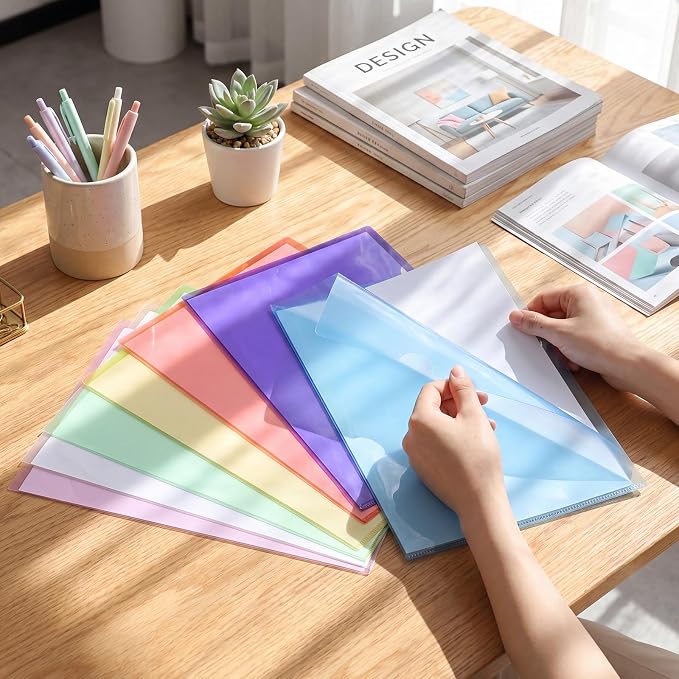 Fainne 300 Pcs Plastic Document Folders Clear File Folders Plastic Pockets Sleeves Letter Size 8.7 x 12.2 Inches A4 Assorted Colors for Office Supplies (Colorful)