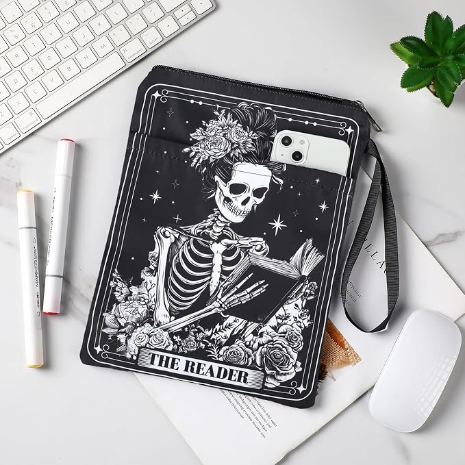 Gothic Book Sleeve Pouch - Skeleton Tarot Books Covers Protector for Paperbacks with Handle Pocket Waterproof Bookworm Accessories Bookish Birthday Halloween Christmas Gift for Reading Lover