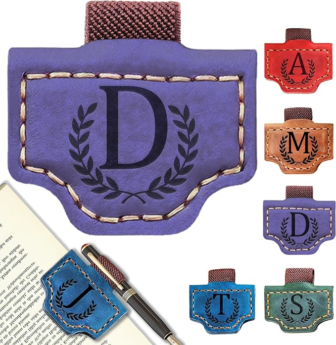 Personalized Leather Magnetic Bookmark with Pen Holder, Bookmark 26 Letters Name Initial Bookmarks for Readers, Book Lover Gifts for Women Men Notebook Accessories (Purple, D)