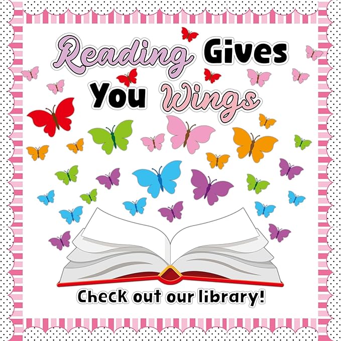 Reading Bulletin Board Set Reading Gives Your Imagination Wings Classroom Decoration Motivational Colorful Butterfly Paper Cutouts for Back to School Nursery Library Door Wall Decor Supplies