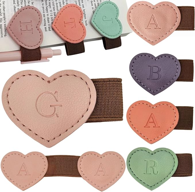 Personalized Magnetic Leather Heart Bookmark with Pen Holder - 26 Letters Custom Book Mark Notebook Pencil Loop with Initial Book Marker for Readers, Book Lovers- Gifts for Women Men(Pink,G)
