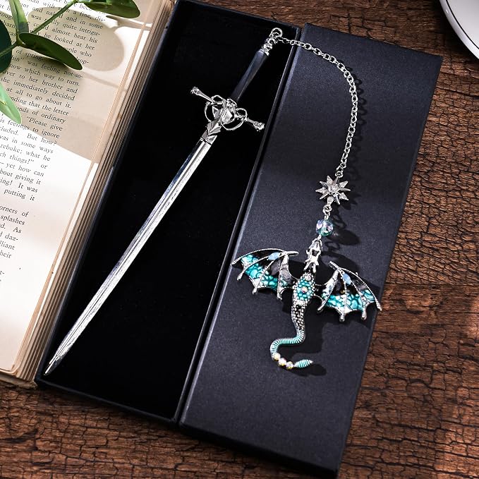 Fantasy Fourth Wing Bookmark - Sward Dragon Book Mark for Men Vintage Tassel Metal Pendant Antique Silver Blue Book Marker Reading Lovers Gifts Birthday Teacher Readers
