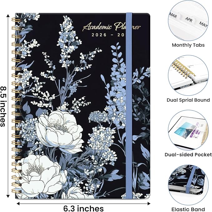 2026–2027 Academic Planner, Weekly and Monthly Planner for Women, July 2026 - June 2027, Pretty Hardcover 2026–2027 Academic Planner with Tabs, Inner Pocket, Spiral Bound, Perfect Office Home School Supplies - 6.3" x 8.5", Nocturne Peonies