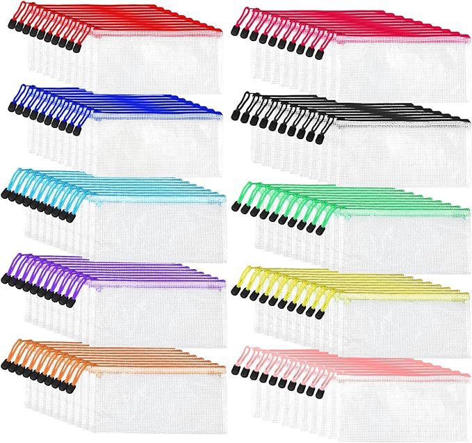 Kifmurase 100Pcs Pencil Pouches Bulk, 9.25'' x 4.5'' Mesh Zipper Pouch, 10 Colors Pencil Case, Small Clear Holder Storage Bag, Cosmetics Toiletry Bags for Office, File, Travel, Stationery