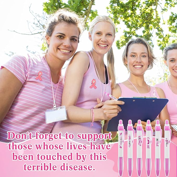 Sherr 240 Pieces Breast Cancer Awareness Accessories Pink Ribbon Retractable Pens Pink Pins with Encourage Cards Breast Cancer Awareness Supplies Inspirational Supplies for Charity