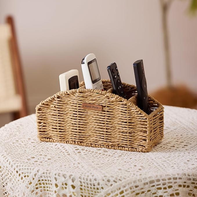 Handwoven Remote Control Holder Basket, Boho Desk Organizer with 5-Compartment Storage TV Remotes, Office Supplies for Living Room, Bedroom, Office